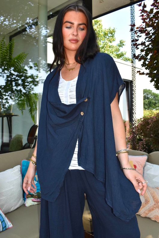 Sandbar Linen Blend Drape Front Cap Sleeve Gilet Navy